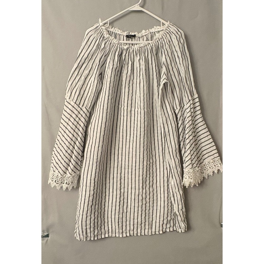 Lungo L'Arno Blue White Striped Linen Off Shoulder Tunic Top Crochet Lace Large